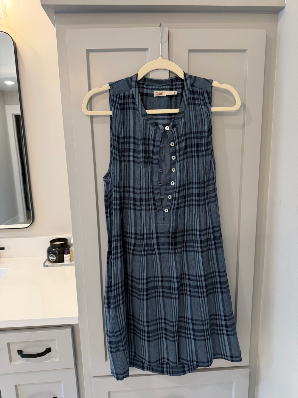 FAHERTY Isha Plaid Pintuck Organic Cotton Sleeveless Blue Dress - Size Small